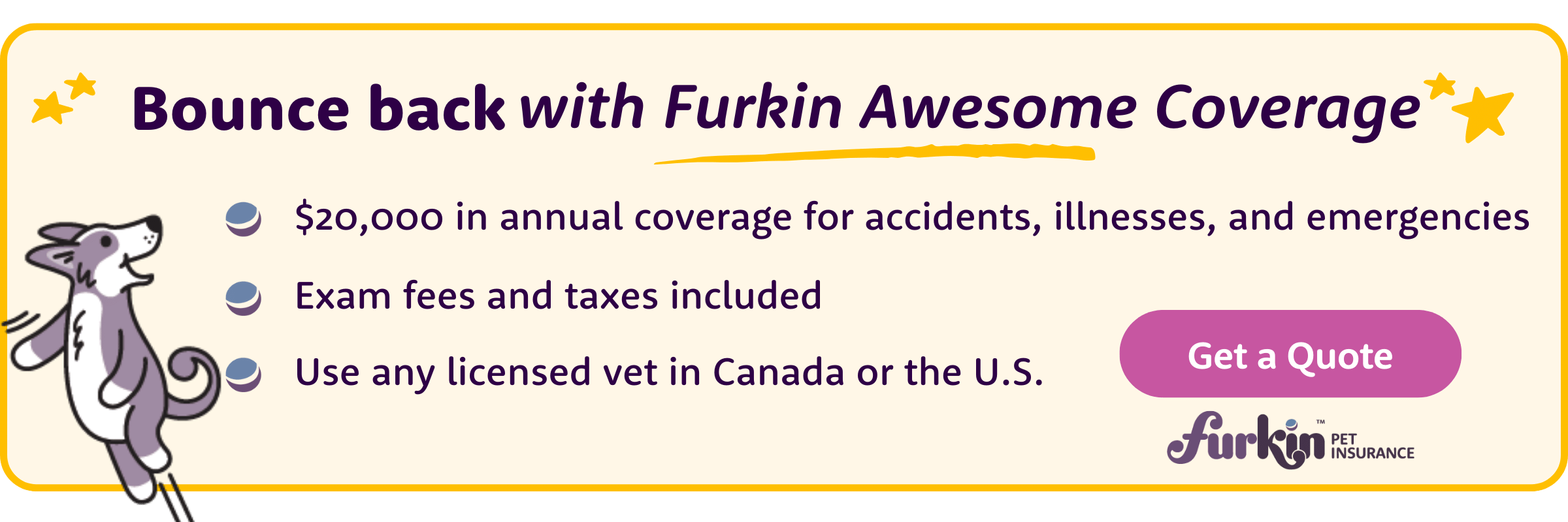 Bounce back with Furkin Awesome Coverage $20k annual coverage accidents, illnesses, emergencies; exam fees and taxes covered; licensed vets in CAN/US