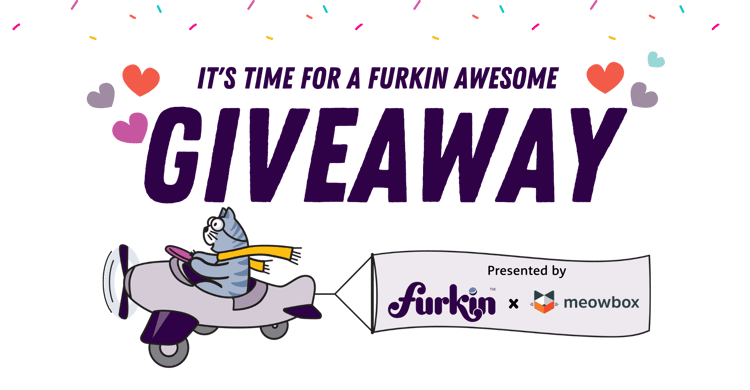 Cat flying a plane with banner: presented by Furkin x meowbox. It's time for a Furkin awesome giveaway. Cat flying a plane with banner: presented by Furkin x meowbox. It's time for a Furkin awesome giveaway.
